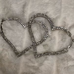 Silver Rhinestone Large Heart Earrings